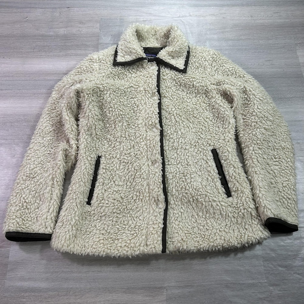 Patagonia Coat Womens Medium White Teddy Deep Pile Button Lined Jacket 25090